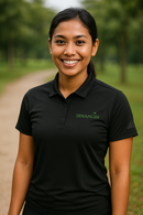 Woman wearing a black polo shirt with 'Senangin' logo outdoors